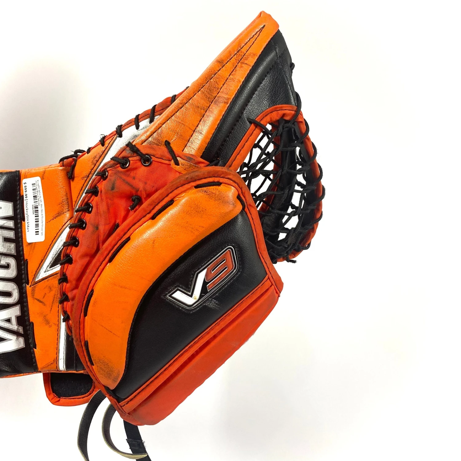 Vaughn Velocity V9 - Used Pro Stock Goalie Glove (Orange/Black/White) 6 Vaughn Velocity V9 - Used Pro Stock Goalie Glove (Orange/Black/White) - Image 4