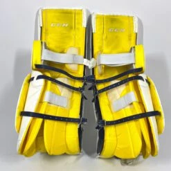 CCM Extreme Flex 4 - Used NCAA Pro Stock Senior Goalie Pads (White/Gold) -Hockey Stick Man Photo2023 05 24 121334PM