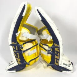CCM Extreme Flex 4 - Used NCAA Pro Stock Senior Goalie Pads (White/Gold) -Hockey Stick Man Photo2023 05 24 121529PM