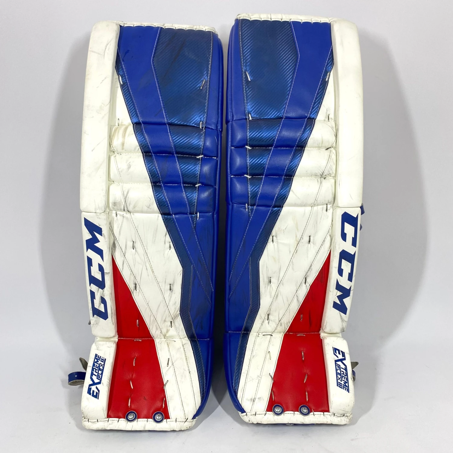 CCM Extreme Flex III - Used NCAA Pro Stock Senior Goalie Pads (White/Blue/Red) 3 CCM Extreme Flex III - Used NCAA Pro Stock Senior Goalie Pads (White/Blue/Red)