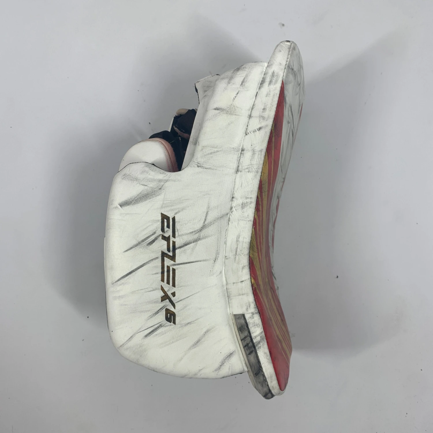 CCM Extreme Flex 6 - Used NHL Pro Stock Goalie Blocker (Red/Yellow) 4 CCM Extreme Flex 6 - Used NHL Pro Stock Goalie Blocker (Red/Yellow) - Image 2