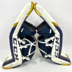 CCM Extreme Flex 5 - Used NCAA Pro Stock Goalie Pads (White/Blue/Gold) -Hockey Stick Man Photo2023 06 09 11606PM
